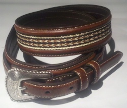 M and F Western Product N2474202 Men's Ranger Belt in Brown Leather with Fancy Woven Back